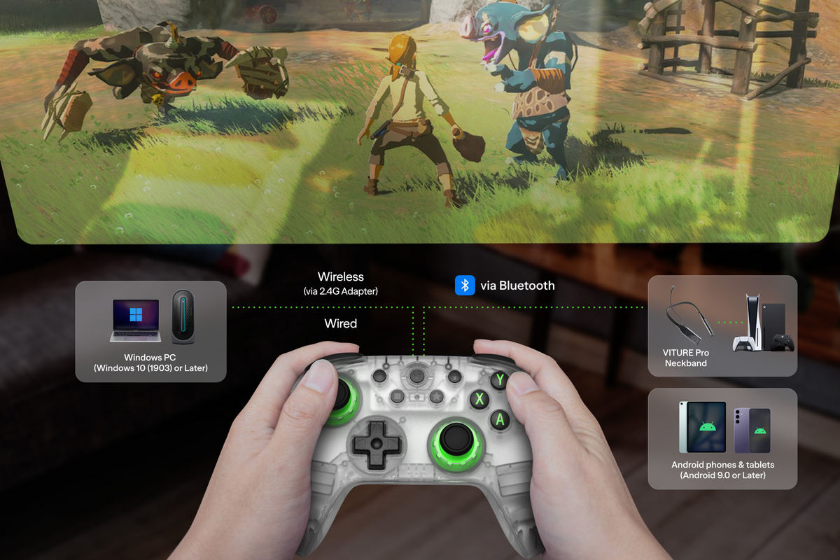 VITURE × 8BitDo Ultimate 2C Wireless Controller  connected to Windows PC via 2.4G adapter, or to VITURE Pro Neckband and Android via Bluetooth